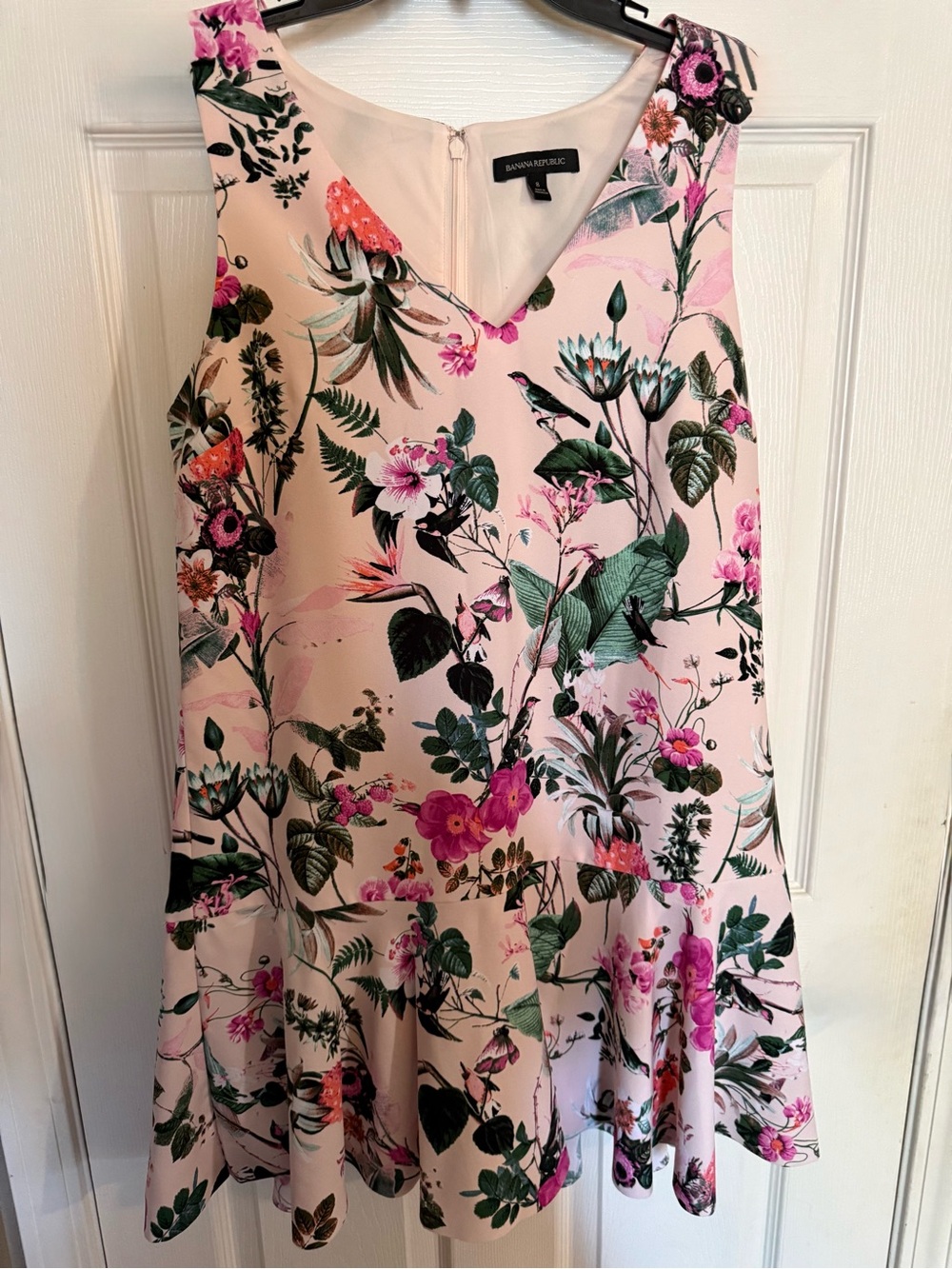 Banana Republic Peach Pink Floral Bird Print Drop Waist Flounce Shift Dress